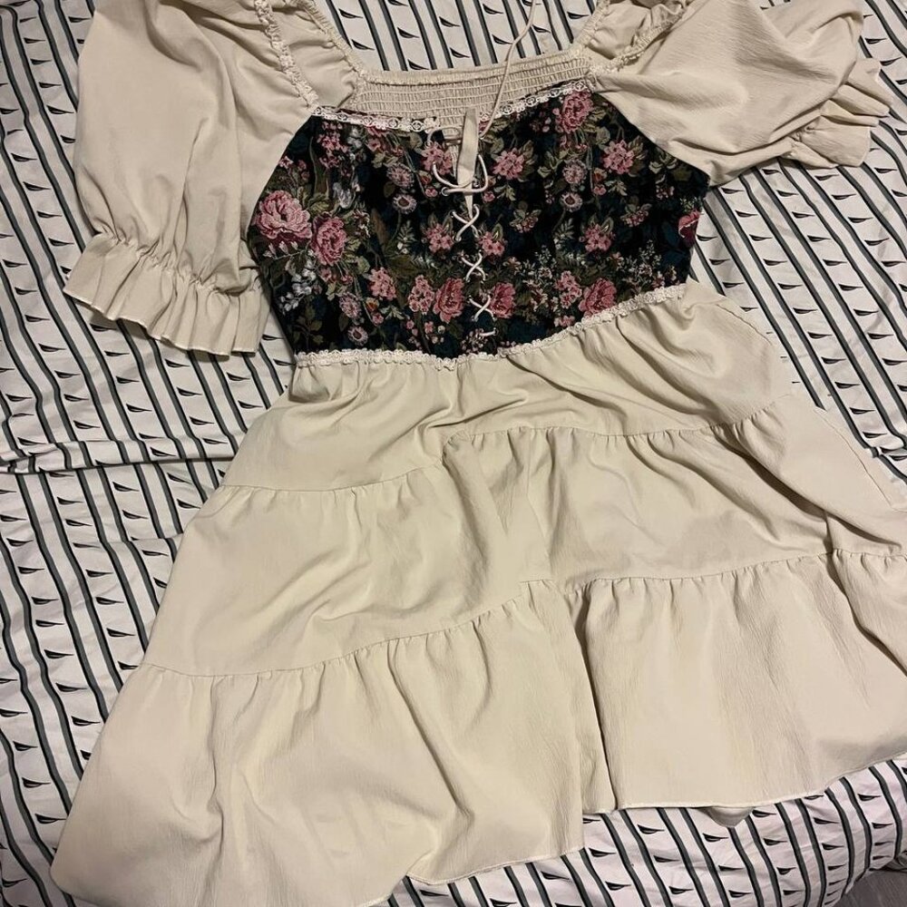 Cottagecore Floral Lace Up Dress Puff Sleeve Milkmaid Style Cream Dress